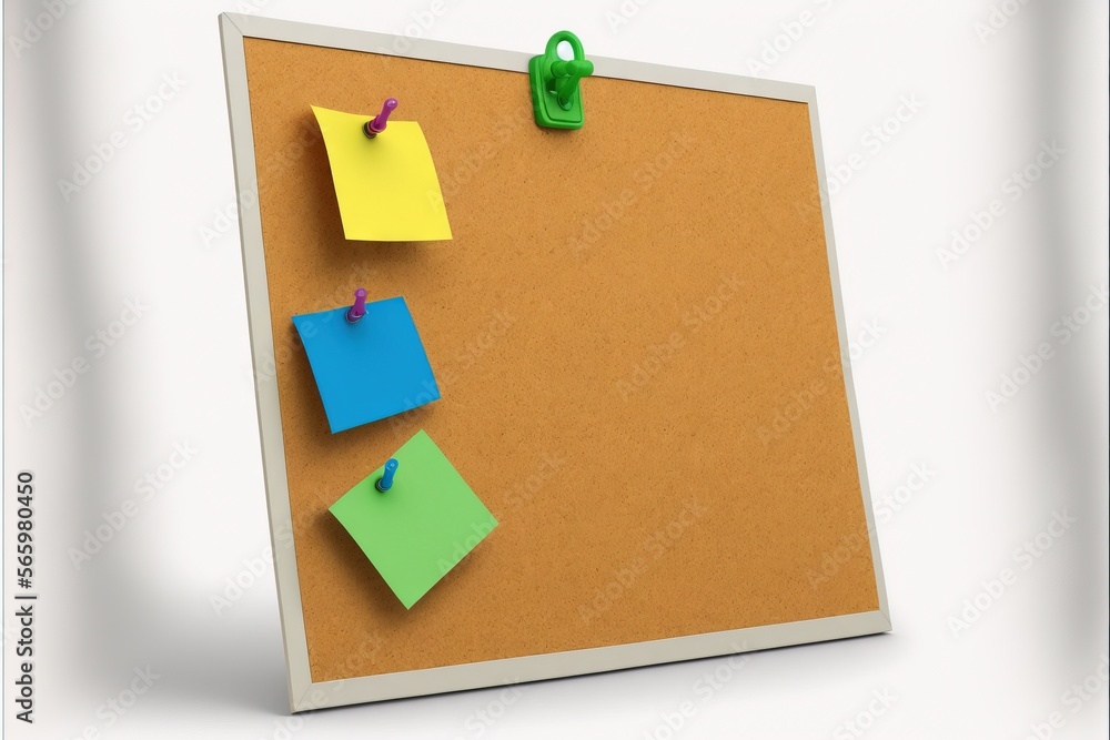 Poster a cork board with post - it notes attached to it and a clip of green paper pinned to the cork board 