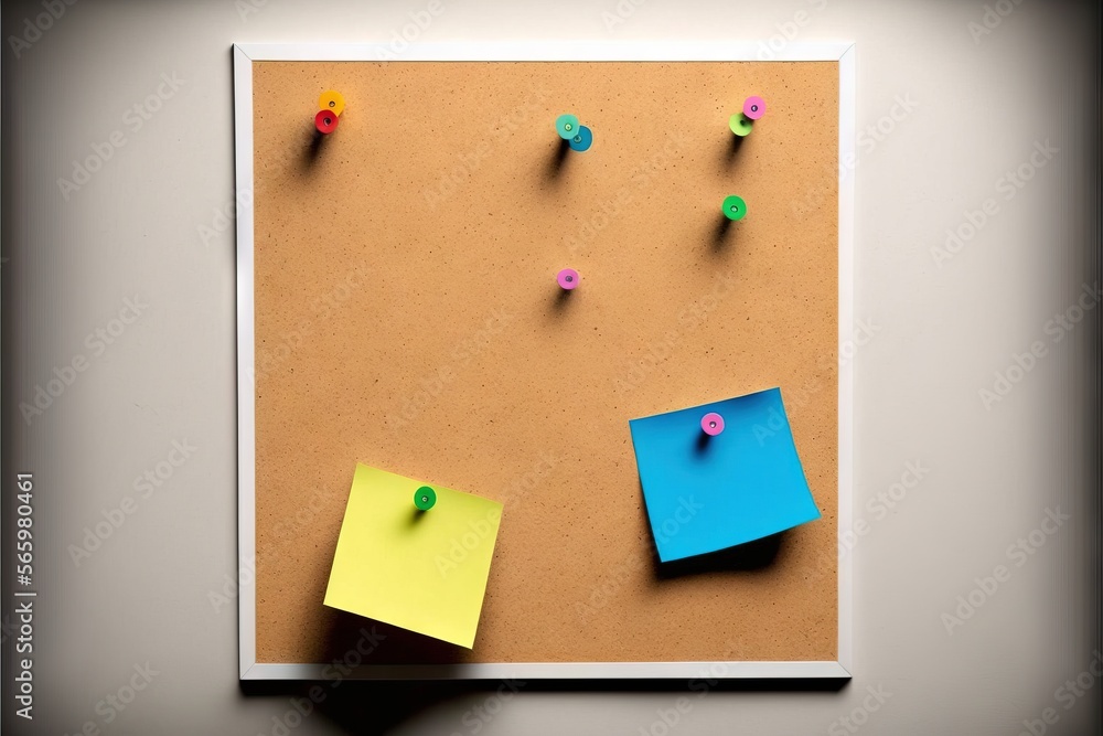 Aufkleber a cork board with post - it notes and push - pins on the cork board and a person holding a pen in fr