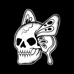 Skull butterfly art Illustration hand drawn black and white vector for tattoo, sticker, logo etc