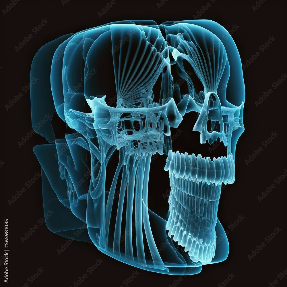 Poster a blue x - ray image of a human skull with a skeleton's head in the middle of the image and a skelet
