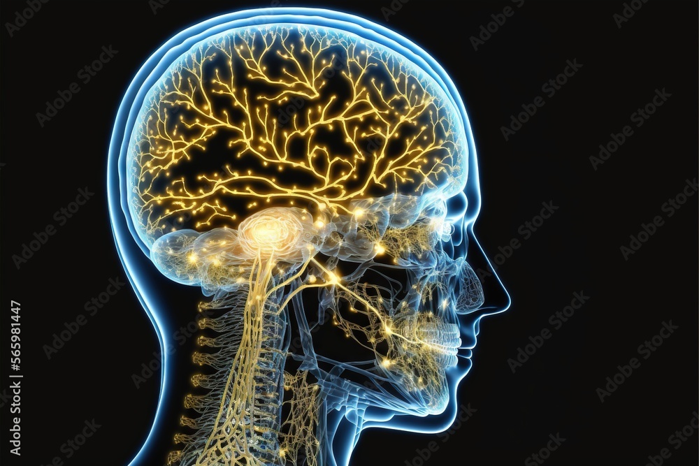 Poster a human head with a glowing brain and nervous system highlighted in the side of the head, with the h