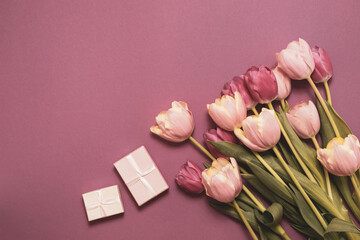 A bouquet of tulips and a box with a gift for the holiday. Beautiful flowers on a pink background. Holidays concept - mother's day, valentine's day, easter