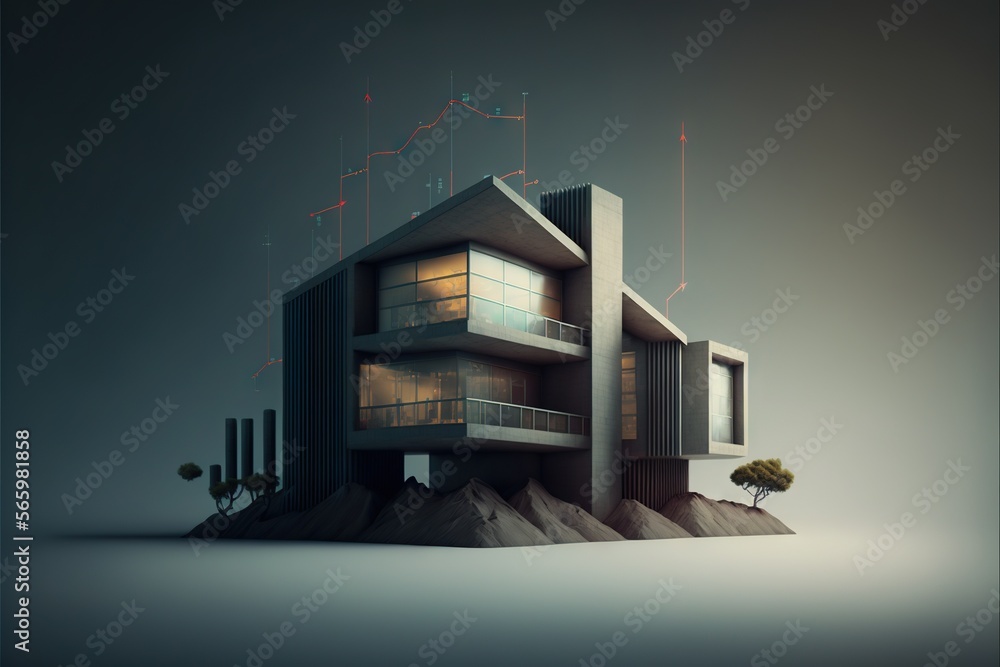 Poster a house on a hill with a tree in the foreground and mountains in the background with a line of light