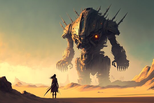 Apocalypse warrior facing a giant mechanical beast in desert, digital painting style