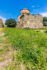 Ancient Jvari Monastery on top of a mountain at the confluence of the Kura and Aragvi near...