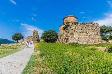 Ancient Jvari Monastery on top of a mountain at the confluence of the Kura and Aragvi near...