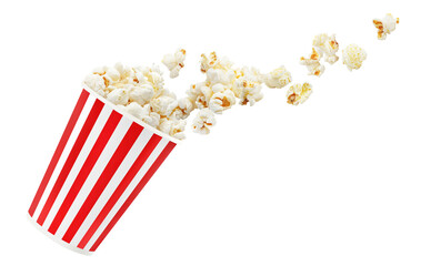 Popcorn flying out of red-white striped paper cup, cut out - obrazy, fototapety, plakaty