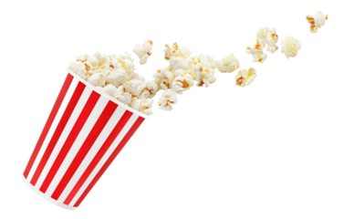 Popcorn flying out of red-white striped paper cup, cut out