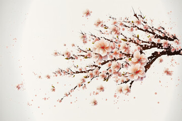 Blossoming cherry branch in early spring, flower petals blowing in the wind, on a white background. Generative ai