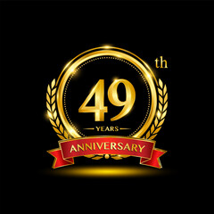 49th Anniversary logo design with golden color laurel wreath and red ribbon for anniversary celebration event. Logo Vector Template Illustration