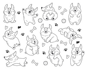Corgi cute dog vector set sticker back front icon cartoon animal illustration. Vector cartoon graphic design element