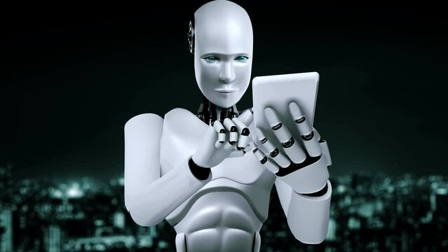Futuristic robot artificial intelligence huminoid AI programming coding technology development and machine learning concept. Robotic bionic science research for future of human life. 3D rendering.