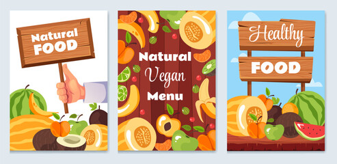 Food healthy farm market fruit vegetable vegetarian organic menu poster set. Vector cartoon graphic design element illustration