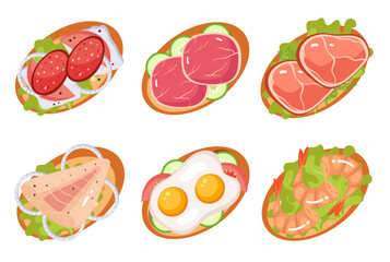 Breakfast toast sandwich illustration bread healthy vegan food snack ingredient set. Vector cartoon graphic design element