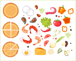 Pizza ingredient vector seafood top view menu ingredients recipe concept. Vector cartoon graphic design element illustration