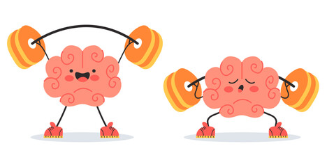Brain strong hold weight in gym doing exercise fitness memory training concept. Vector cartoon graphic design element illustration
