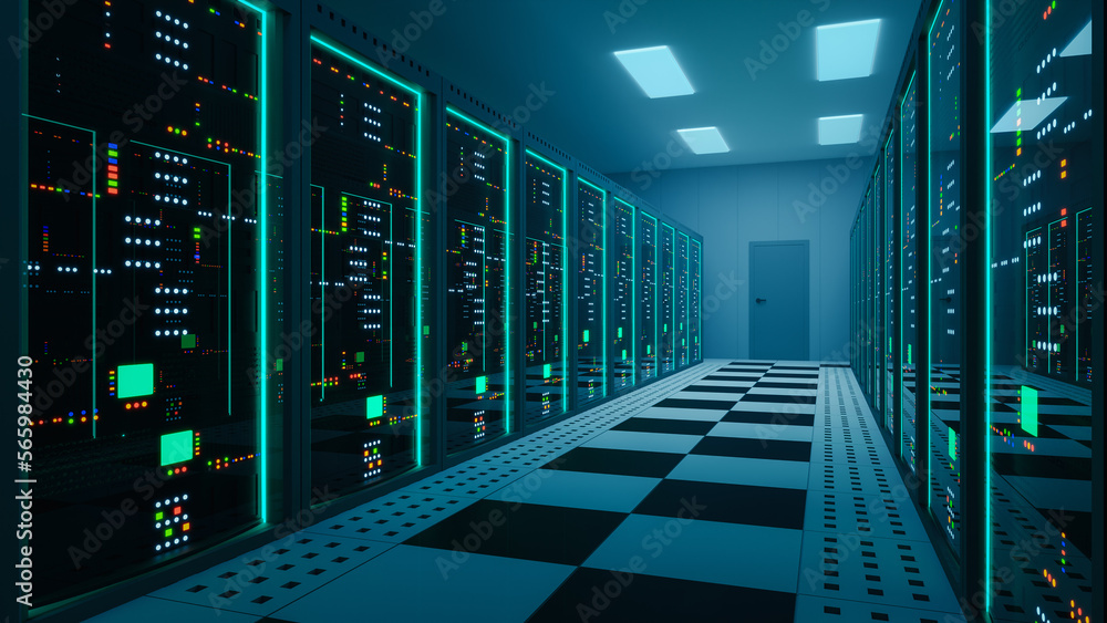 Poster Server room with hardware racks. Data center, Web hosting services, Data storage, Database Server, Big data storage and cloud computing technology, Networking. 3d render.