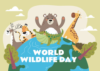 Fototapeta premium Wildlife day world animal protect wild forest life environment nature conservation concept. Vector flat graphic design element concept illustration 