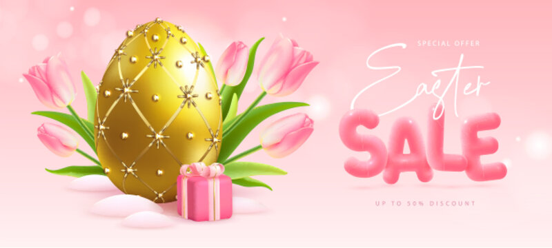 Happy Easter typography big sale poster with Faberge egg, gift box and pink tulips. Greeting card or poster. Vector illustration