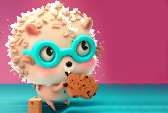 illustrazione generata con intelligenza artificiale di simpatico personaggio simil animaletto con occhiali buffi che addenta un pezzo di biscotto con gocce al cioccolato