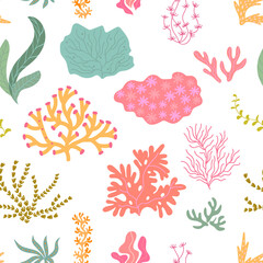Seaweed corals seamless pattern. Abstract underwater plant elements, sea marine leaves background. Trendy ocean algae nowaday vector print