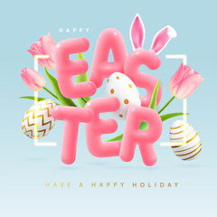 Happy Easter typography background with colorful easter eggs, tulips and 3D text. Greeting card or poster. Vector illustration