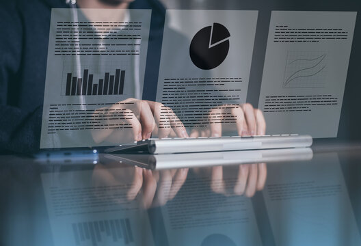 Student working on virtual screen with digital documents. Teenager study, sharing homework online.