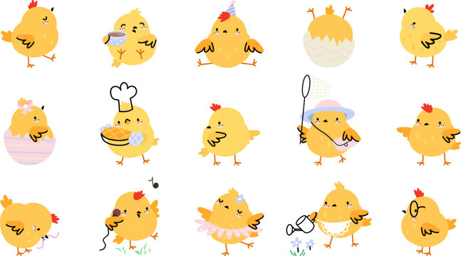 Yellow cute cartoon easter chicken. Chick newborn, spring chickens birds play, eat earthworm and sing. Isolated little birds nowaday vector clipart