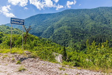 Pointer to the Gogolati village in the picturesque mountain valley of the Shareula River. The inscription on the sign in Georgian: 