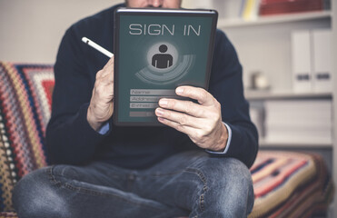 Man sign up and login. Registration, enter, sign in, membership concept. Personal data acquisition.