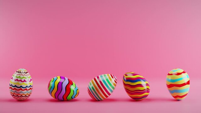 Multicolored Easter eggs rolling on a red background. Loop animation