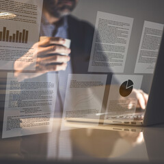 Businessman working on virtual screen with digital documents. Manage online documentation database.