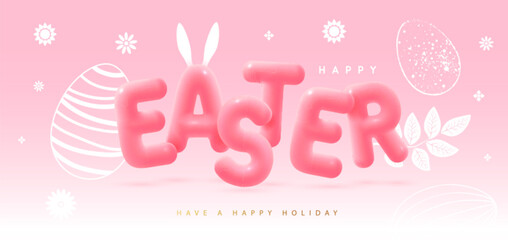 Happy Easter typography background with simple easter eggs, flowers and 3D text. Greeting card or poster. Vector illustration