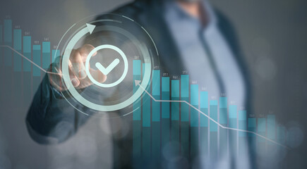 Businessman analysing budget of business market. Financial performance, revenue and costs concept.