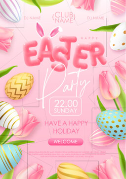 Happy Easter typography party poster with colorful easter eggs, tulips and 3D text. Greeting card or poster. Vector illustration