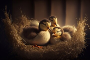 Naklejka na ściany i meble Adorable little chickens on nest. Generative ai