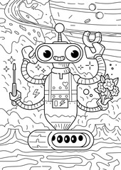 Doodle of robot. Line art. Vector illustration. Coloring Book.