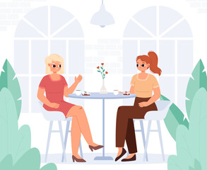 Young adult female friends in cafe, breakfast or lunch time. Cute cartoon women drink coffee and eating cake, business meeting vector scene