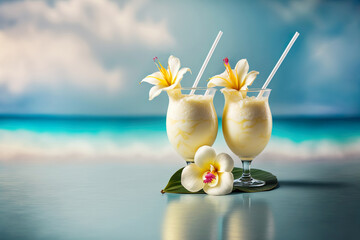 Two glasses with a pina colada cocktail, decorated with plumeria flowers, stand on the background of the beach. Generative AI.