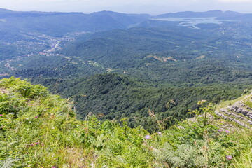 Fototapeta na wymiar View from the path to the top of Mount Tskhrajvari, Racha region in Georgia