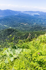 Naklejka na ściany i meble View from the path to the top of Mount Tskhrajvari, Racha region in Georgia