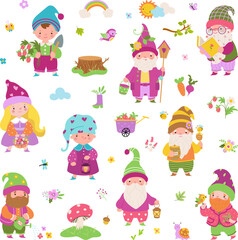 Cartoon garden gnomes, fairy dwarf characters. Cute flat female and male dwarfs, vegetables, plants and birds. Summer spring autumn nowaday vector collection