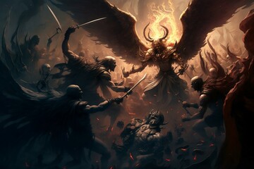 The battle between human and a fallen angel, AI Generative