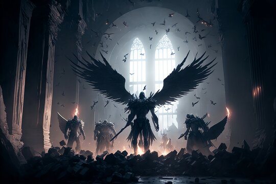 The undead army commander with angel wings preparing for a fight, AI generative