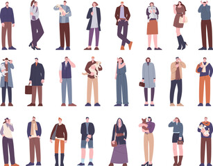 Casual wear modern people. Elderly adults and students, business characters and pets owners. Flat fashion different women men, kicky stylish vector set