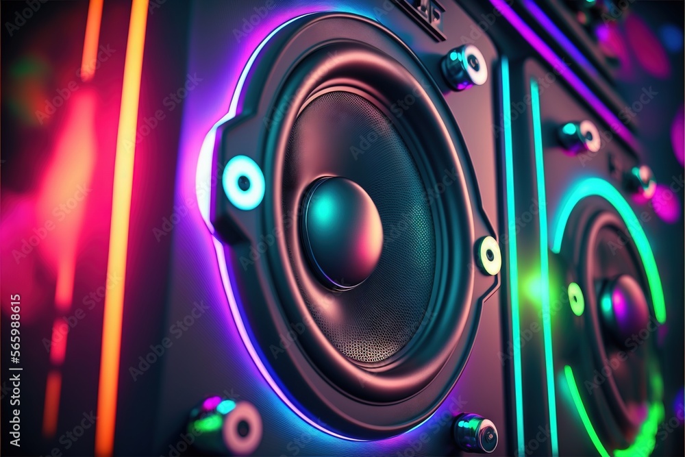 Poster a close up of a speaker with a colorful light on it's front panel and a speaker in the back of it's 