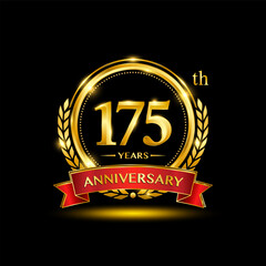 175th Anniversary logo design with golden color laurel wreath and red ribbon for anniversary celebration event. Logo Vector Template Illustration