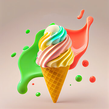 Melting ice cream balls in the waffle cone isolated on background. 3D Illustration flat icon.