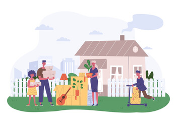 Family moving into new house. Parents with children standing near home with cardboard boxes. Cartoon son and daughter helping