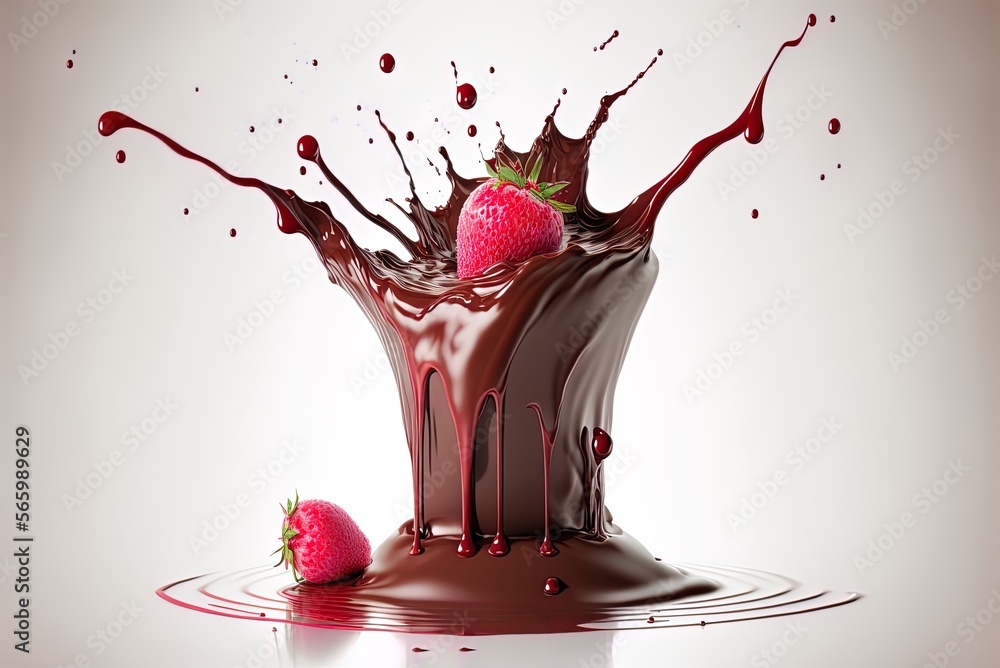 Poster a raspberry-chocolate liquid explosion on a white background. generative ai